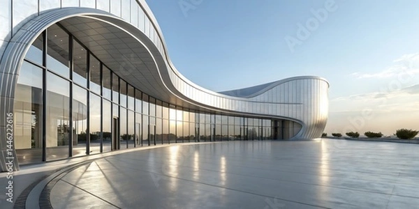 Fototapeta Modern Architectural Marvel: Captivating contemporary building showcases a sleek design with innovative curves, glass facade reflecting the clear sky.