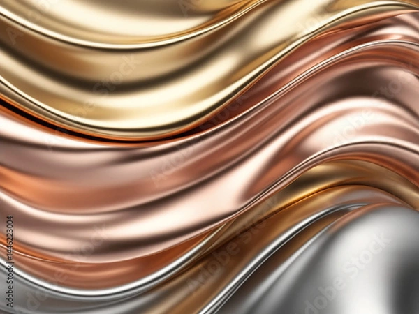 Fototapeta Luxurious Wavy Metallic Abstract Background in Gold, Rose Gold, and Platinum Tones, Polished High-End Texture