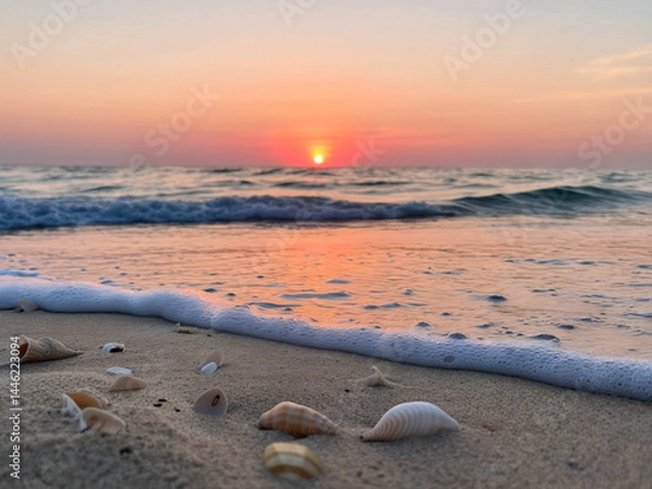 Fototapeta Seashells on Sandy Beach at Sunset, Ocean Waves and Colorful Sky, Natural Coastal Landscape with Copy Space