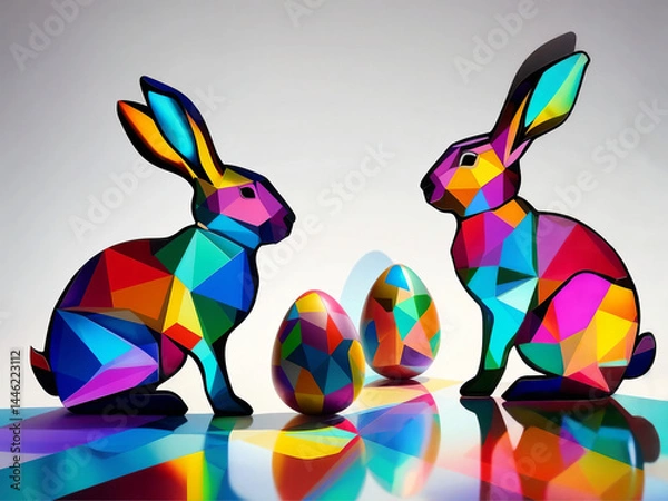 Fototapeta Colorful Geometric Easter Bunnies and Eggs stained glass, Modern Polygonal Holiday Illustration, Isolated on White Background