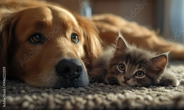 Fototapeta Two pets-- a playful dog and a curious kitten-- lying together on a soft rug, showcasing warmth and companionship