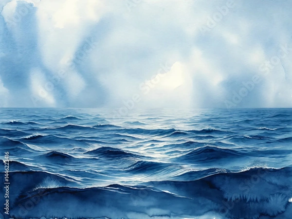 Fototapeta Watercolor ocean waves in blue hues, abstract seascape with fluid movement and copy space