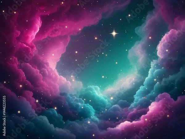 Fototapeta Colorful cosmic nebula background with glowing stars and vibrant magenta teal clouds