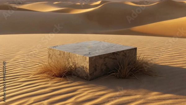 Fototapeta Stone product podium in golden desert dunes with dry grass and warm sunset light