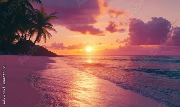 Fototapeta Vibrant sunset over a tranquil beach, soft orange and purple hues reflecting off the calm water, peaceful and romantic atmosphere,