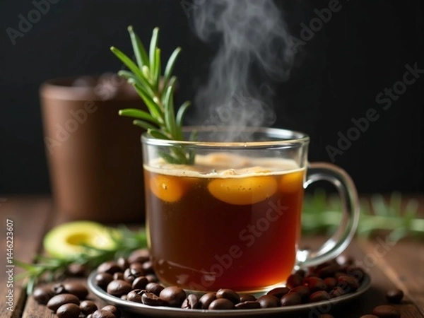 Fototapeta Hot avocado-infused coffee with rosemary and ginger in glass cup on wooden table with coffee beans — indoor warm drink setup
