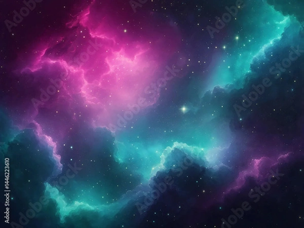 Fototapeta Vibrant cosmic nebula background with teal magenta clouds and glowing stars for sci-fi or fantasy design