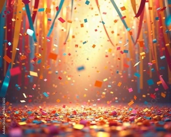Fototapeta Colorful confetti and streamers falling in festive indoor celebration background with copy space