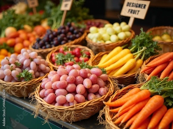 Fototapeta Colorful designer fruits and vegetables in wicker baskets at premium market display