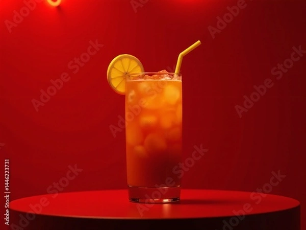 Fototapeta Long Island Iced Tea cocktail with lemon slice and straw in tall glass on table with vibrant red neon background for bar menus, nightlife advertising, or promotional visuals, space for text