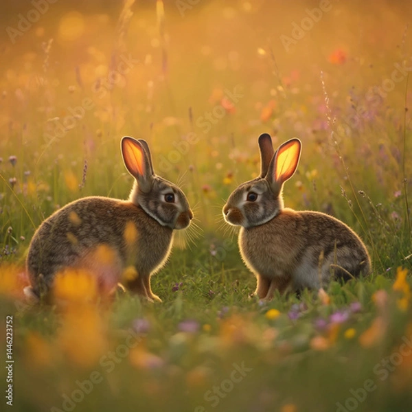 Fototapeta Two Rabbits in Golden Meadow Light with Impressionist Vibe