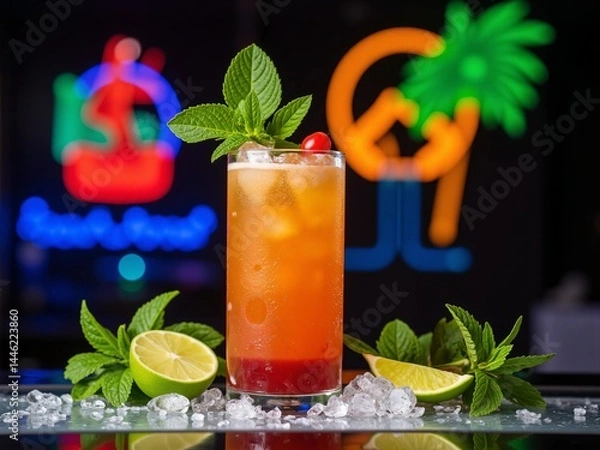 Fototapeta Mai Tai cocktail with cherry, lime, and mint on reflective bar with ice and neon tropical background, perfect for drink menu design, bar advertising, and summer content