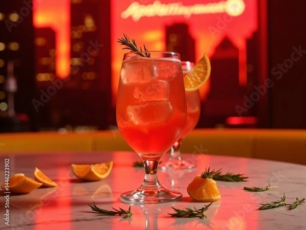 Fototapeta Aperol Spritz cocktail with orange slice and rosemary on marble table under neon city lights, ideal for beverage branding, nightlife visuals, and bar promotions