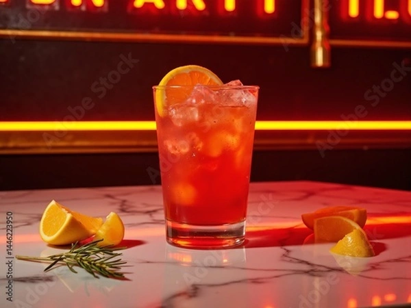 Fototapeta Aperol Spritz cocktail with ice and orange slice on marble table under red neon lights, ideal for bar menu, drink promotion or nightlife branding