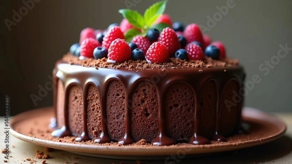 Fototapeta Chocolate cake with fresh berries and mint on top, rich dessert with glossy glaze ideal for bakery ads, cafe menu design, or food blog content. Ample negative space allows for text placement or brandi