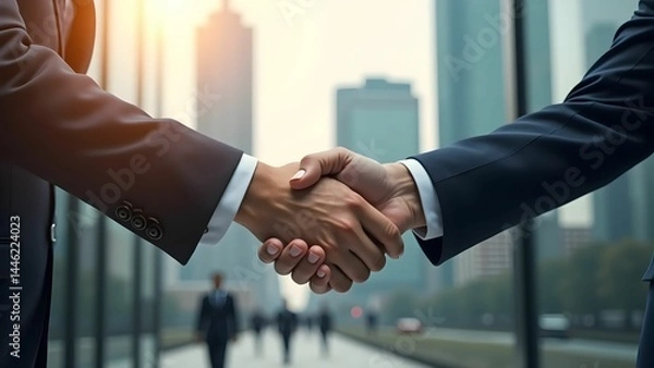 Fototapeta Close-up handshake between two businessmen in suits in modern city with tall buildings and soft sunlight, with space for text or business branding overlay