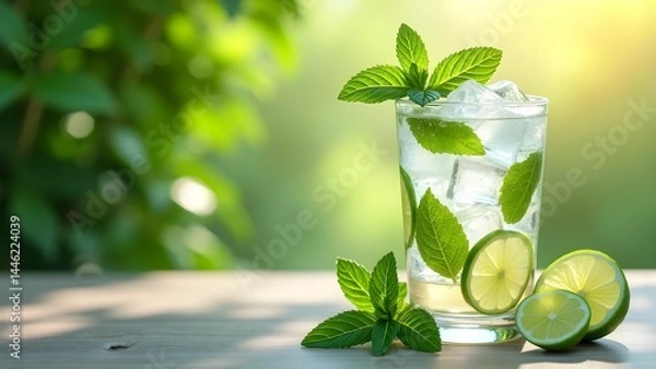 Fototapeta Mojito cocktail with lime, mint and ice in clear glass on wooden table outdoor in the garden with green blurred background and copy space for text or branding overlay