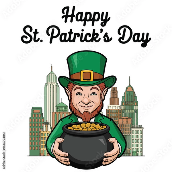 Fototapeta St. Patrick's Day cute vector. A collection of elements for an Irish holiday. Leprechaun, rainbow, pots of gold, clover and other traditional holiday elements. Isolated on a white background.