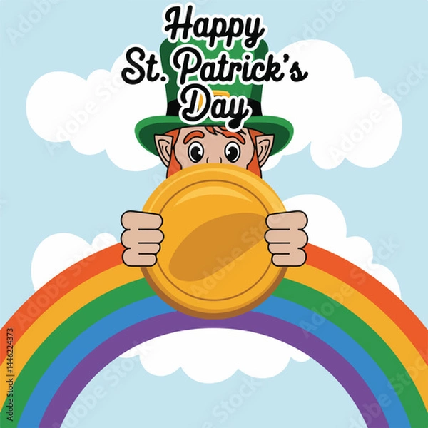Fototapeta St. Patrick's Day cute vector. A collection of elements for an Irish holiday. Leprechaun, rainbow, pots of gold, clover and other traditional holiday elements. Isolated on a white background.