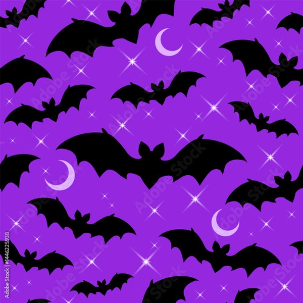 Fototapeta Seamless square pattern with silhouettes of flying bats and stars