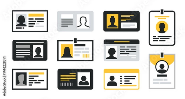 Obraz Set of id card icons. Official document templates, citizen identity card, driving license and entry pass. Personal verification. Design for print. Flat vector illustration isolated on background