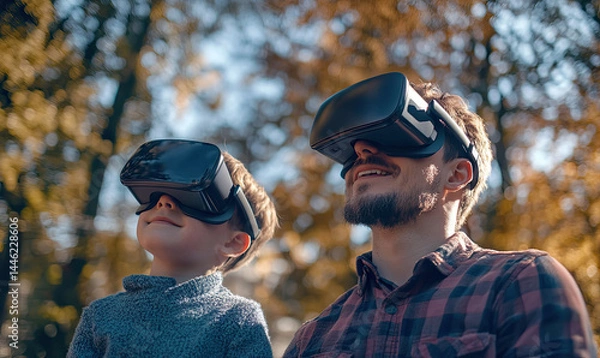 Fototapeta Father and son experiencing augmented reality outdoors with VR headsets  Virtual play for International Day of Play