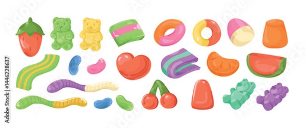 Fototapeta Jelly candy set. Bright stickers with fruity gummy bears, worms and chewy sweets with various flavors. Delicious sweet desserts. Cartoon vector illustration collection isolated on background