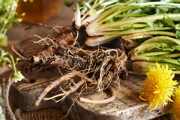 Fototapeta Fresh dandelion root on a table - ingredient for herbal tincture