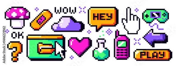 Fototapeta Set of y2k trendy pixel art. Cute 8 bit retro stickers and icons with mushroom, arrows, potion and heart. Abstract elements for game design. Flat vector illustration collection isolated on background