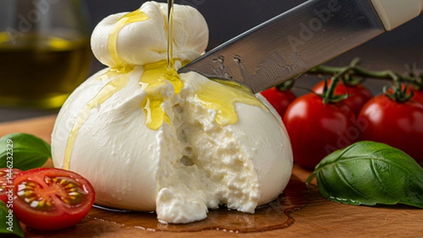 Obraz Burrata Cheese Bursting Open with Olive Oil Drizzle