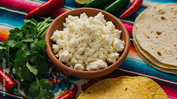 Obraz Queso Fresco on Colorful Mexican Tablecloth
