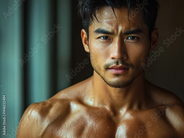 Fototapeta Close-up portrait of a muscular man with glistening skin, showcasing strength