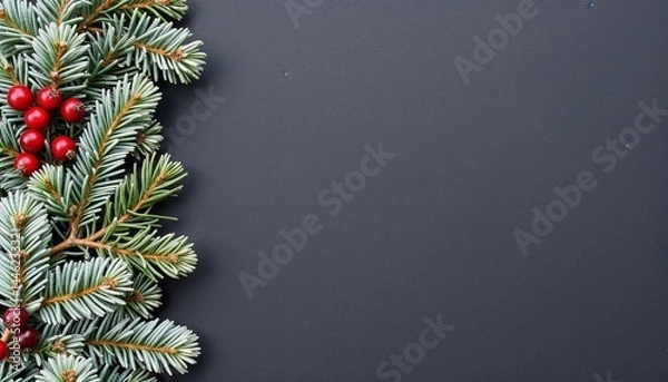 Fototapeta Fir tree branches with red berries on dark background, minimal christmas border with copy space for festive design, greeting cards or invitations