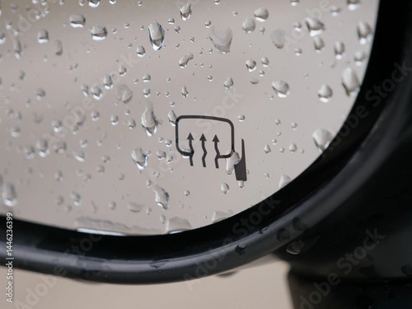 Fototapeta Raindrops covering a car's side mirror with the heating symbol, ensuring clear visibility during bad weather conditions