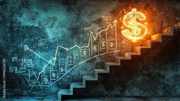 Obraz Financial growth depicted by a glowing dollar sign on stairs with financial graphs drawn on a textured wall