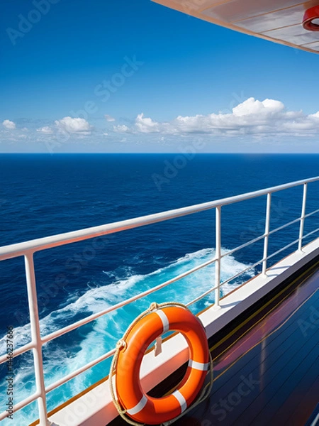 Obraz Vibrant ocean view from a cruise ship with a lifebuoy in the foreground.