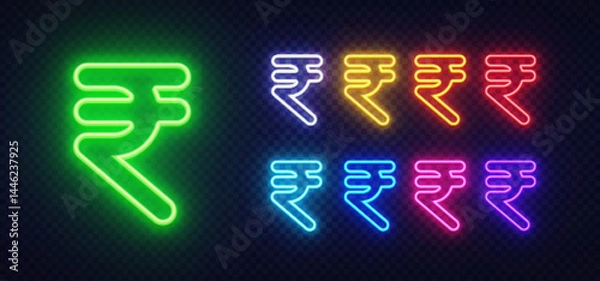 Fototapeta Rupee symbol in neon style with central green figure and glowing colored rows. Surrounding hues include yellow, red, orange, purple, and more.