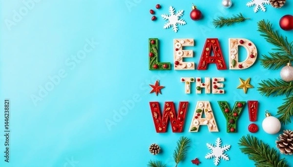 Obraz Creative holiday typography “Lead the Way” with decorative letters, ornaments and fir branches on blue background, festive business leadership concept