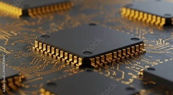 Fototapeta Microchips: Golden Contacts on Dark Circuit Board, Technological Elegance