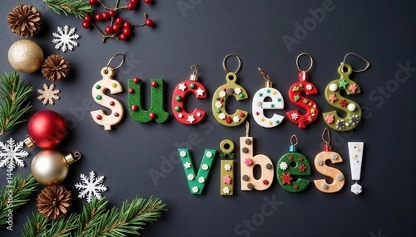Obraz Festive holiday typography with “Success Vibes” message made of decorative ornaments on dark background with pine branches and christmas decorations
