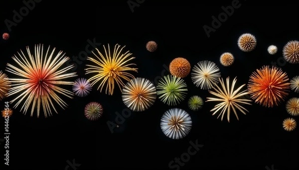 Obraz Abstract colorful pollen particles resembling microscopic allergens or fireworks on black background, symbolic concept of summer allergies and airborne irritants