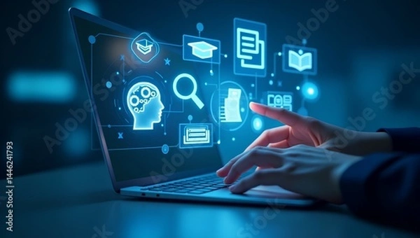 Fototapeta businessman hand with laptop,A high-tech digital scene showing a person interacting with floating holographic AI and education icons, symbolizing futuristic learning, smart data, and modern technology