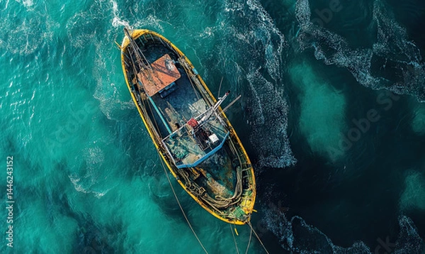 Obraz Aerial view of an old fishing vessel sailing through clear turquoise waters for International Day for the Fight against Illegal, Unreported and Unregulated Fishing 