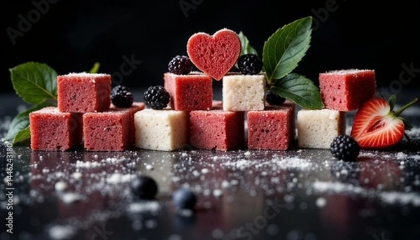 Obraz Healthy dessert cubes with berries and sugar, stacked pyramid-style on black background, decorated with mint leaves and heart-shaped topper