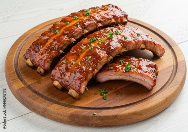 Fototapeta Delicious glazed ribs served on a wooden platter with a white wooden background in a studio shot