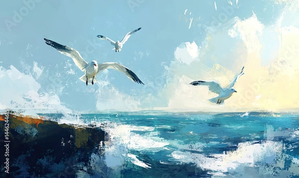 Obraz Artistic rendition of seabirds soaring above the vast ocean horizon painted 