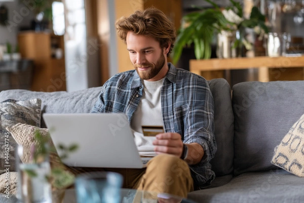 Obraz A young White man sitting on the sofa at home in a living room with a laptop on the lap and holding a credit card. Online shopping, payment, purchase, buy. E-commerce.