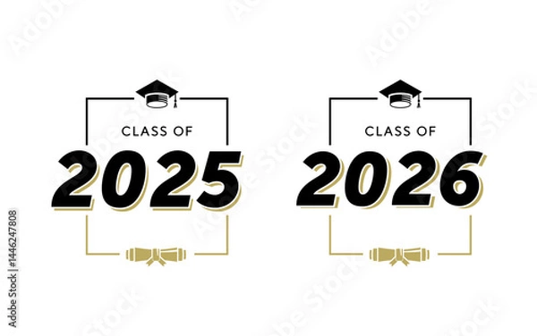 Fototapeta Congratulations to the graduating class of 2025 or 2026 in a box in gold and black with college and high school graduation caps for t-shirts, flyers and greeting cards