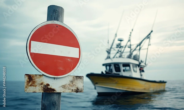 Obraz Prohibition on the Open Sea: A Fishing Boat Ignoring Navigation Restrictions for International Day for the Fight against Illegal, Unreported and Unregulated Fishing 