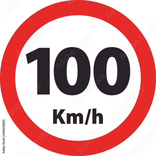Fototapeta Circular red-bordered road sign setting a speed limit of one hundred kilometers per hour.